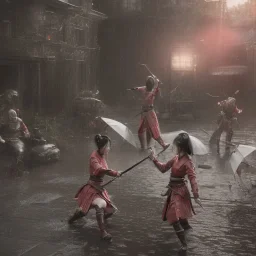 2 samurai girls with sword fight in rain, xtreme detailed, photorealistic, 4k