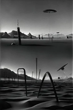 Photograph, odd objects scattered over an arid surface, night, nothingness, spooky, close-up, in Yves Tanguy style, nightmare, highly hypermaximalist, details of the terrain very accentuated, 8k, deep 3d field, sharp, eerily mysterious, artistic photo, large format film, shot on Hasselblad, 33mm photography