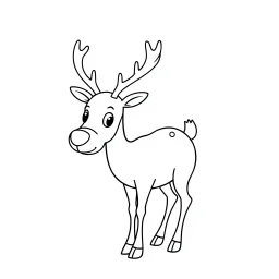 A black and white cute drawing of a Reindeer. Only outline, white background,for kids. The illustration should be in [SUPER SIMPLE], black and white, bold line art with a clear, mostly empty background. [INCLUDES ONLY OUTLINES WITH NO FILLED IN BLACK AREAS], ensuring no shading, no complex images, and making it very easy to color in between the lines.