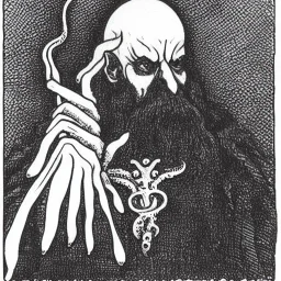 Russian Orthodox nosferatu with five yellow eyes and tentacle beard and long arms and fingers and a head horns