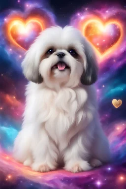fluffy extra large eyed very happy puppy white-gold shih-tzu in the distance a colorful intricate HEART shaped planet similar to earth in a brig ażht nebula. sparkles. Cinematic lighting,vast distances, swirl. fairies. magical DARKNESS. SHARP. EXTREME DEPTH. jellyfish, cinematic eye view