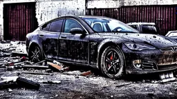 A Tesla's 'Model S Plaid' is parked, in the post-apocalyptic world of the 'Terminator' movies. CINEMATIC. WIDE ANGLE LENS. PHOTO REAL.
