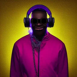 stylized Rabbit, smiling, cyberpunk headphone, sunglass, gangsta gold neckless, full body, magenta puffer jacket, manila city backdrop, dramatic lighting, hyper realistic, unreal engine 5, 16k