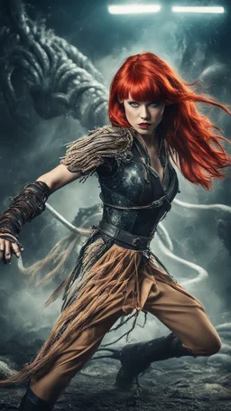 Full-body retro photo of a woman with straight red hair and a Fringe, in a fight with a monster, wrapped in tenacles, in an action pose, sci-fi Background