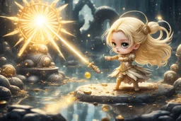 cute blonde chibi princess fighting with an ugly giant monster with a golden laser sabre, golden coin stacks, pond, in sunshine, H.R. Giger, anime, steampunk, surreal, watercolor and black in outlines, golden glitter, ethereal, cinematic postprocessing, bokeh, dof