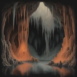 A eerie cave full of stalagmites dripping with vivid rusty water, in mezzotint art style