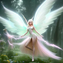 beautiful fairy very etheric, nice smiling, long blond hair, magic glamour pink make up, delicate colors, complete vision of very transparent and big wings, beautiful glamour transparent dress, ultra sharp focus, 8k, unreal engine 5, extremely sharp detail, light effect, soft light atmosphere, smooth, full of details, face in front, complete vision of face and hair and of the body