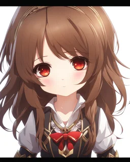 headshot of a chibi girl with long brown hair, red eyes, cute, childlike, intricately detailed, masterpiece, anime, 4k