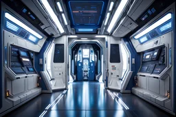 широкие открытые на половину автоматические двери космического имперского шаттла с ультро современным дизайном голубого цвета научная фантастика интерьер звездных войн фотграфия 4к реалистично