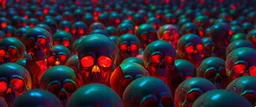 a field of 1000s of psychedelic psilocybin induced anatomically correct, skulls, vivid RANDOM BRIGHT neon colors, dark comedy, well lit, high detail, photorealistic, horrorcore, fun, scary, none featured, each a different color or hue,