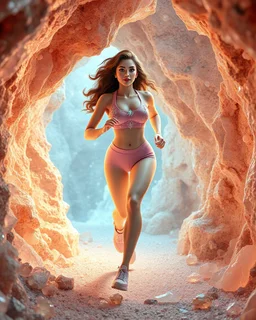make a picture pretty crystal cave covered with jwellary and 3d recursive cubic and sphere base pearls and Gemstone species, a beautiful goddess lady with cute,curvy hair,makeup, in pretty sports suit with jewels is running inside cave ,dynamic camera fallow her inside cave capturing full body, dynamic lights.