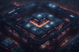 Cinematic abstract depiction of a futuristic, masculine metallic factory resembling a computer chip. Clean, neat, and awe-inspiring birds-eye view. Dark metal network with abstract iridescent lines, complex yet simple. Dark-themed with cool colors and a touch of warmth. A labyrinth of technology and complexity, a solid, physical expanse.