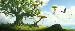 Flora: Ribbonvine Trees: Grow in tangled clusters, with flexible leaves that shimmer and emit calming low-frequency sounds. Lumicaps: Small fungi that glow with different colors depending on the chemical composition of the soil. Fauna: Sky-scallops: Floating jellyfish-like creatures that drift in the atmosphere, feeding on airborne minerals. Tidewalkers: Amphibious, six-legged predators that walk across tidal flats during low tide. Chime-birds: Small winged creatures that mimic the harmoni