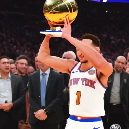 Jalen Brunson winning the NBA finals with the new york Knicks at Madison Square Garden and holding the MVP trophy above his head