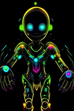 tall,round, pixelated body that constantly emits a soft neon glow in various colors. Their large, expressive eyes are made up of tiny glowing. wears a sleek, form-fitting black suit adorned with vibrant neon patterns and circuit-like designs. four long, thin arms with claw-like fingers. head is with a pair of metallic antennae.smile, revealing a row of tiny, sharp teeth that glow with a neon hue.
