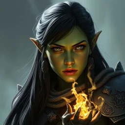 A digital illustration shoot from a portrait camera angle about a portrait of a young orc woman with dull green skin. In the middle of the image, a 20 years old orcish woman, appears to be looking at the viewer lost in thought. she has long black hair and is wearing armour. Fantasy, skyrim, magic