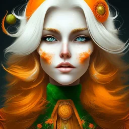 fantasy setting, woman, orange and white hair, wavy hair, freckles, ranger, more orange hair, more white hair, green eyes, more white hair, more white hair, more orange hair