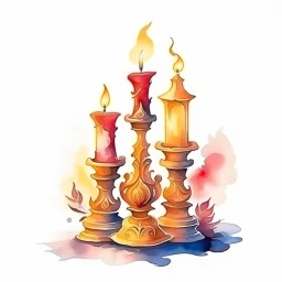 Watercolor candlestick with burning candles from the movie Beauty and the Beast on a light background