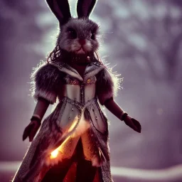 bunny, high ornamented light armor, fluffy fur, foggy, wet, stormy, 70mm, cinematic, highly detailed