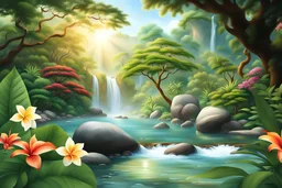 Create a realistic picture of a lush jungle with vibrant flowers and towering trees. Include beautiful animals like colorful birds, playful monkeys, and graceful deer. Add a winding river with crystal-clear, wavy water flowing gently over smooth rocks on the riverbed. Let the sunlight filter through the canopy, casting a warm glow on this serene and enchanting landscape.