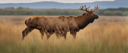 regal pose of Elk in a prairie field, wild grasses and bushes in corners of foreground