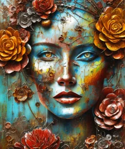  an abstract painting of rusted metal and flowers, african portrait, rust, scaffolding, iron cladding, decay, mixed media, textured, anatomically correct, beautiful perfect face, sharp focus, highly detailed, injured face