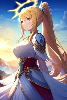 girl, masterpiece, best quality, cinematic lighting, detailed outfit, vibrant colors, perfect eyes, golden hair, long hair, ponytail, blue eyes, valkyrie, halo, white wings, landscape, sun, light rays, god rays, lens flare, looking down,