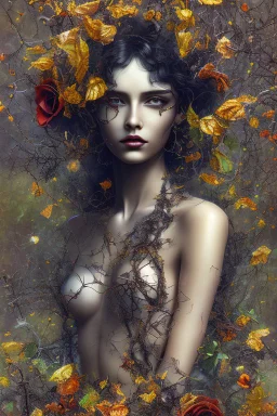 abstract creation of a beautiful girl with black curly hair, surrounded by black roses, thick metal chain broken, glass petals on the ground, autumn colours,dried out thorn bush, chaos,