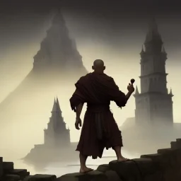 Portrait of a monk, fog, distant temple, profile, grim, dark, Frank Frazetta, Greg Rutkowski, hyperdetailed, dnd, trending on Artstation, Splash screen art, dynamic lighting, hyperdetailed, intricately detailed, a masterpiece, 8k resolution, high contrast, bearded,