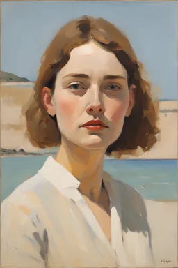 portrait in Maria Lassing-Euan Uglow oil painting wanderlast woman face fashion on the beach with sunlight from the right.