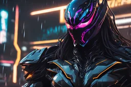 Venom Shredder machine in 8k solo leveling shadow artstyle, sombra them, close picture, rain, Shredder helmet, neon lights, intricate details, highly detailed, high details, detailed portrait, masterpiece,ultra detailed, ultra quality