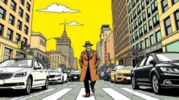 A man walks through a busy city street, with cars and buildings surrounding him. The style is reminiscent of a comic book, with bold lines and vibrant colors. The man is in the foreground, walking across a crosswalk. He is wearing a trench coat and a hat, and he has a cigarette in his mouth. The cars are parked on either side of the street, and the buildings are tall and imposing. The sky is a bright yellow, and there are a few clouds in the sky. The overall impression is one of a bustling, ener