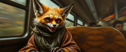 master oil painting by Rembrandt, scary ai sami fox gremlin woman on buss , motion blur background