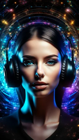 A beautiful face in front of visually captivating, futuristic background for a book cover on audio engineering and mixing, with holographic, multicolored soundwaves that pulse and flow diagonally across a dark, abstract background filled with a subtle star field. Use three-dimensional elements, creating a sense of depth, with frequency bars and particle effects that feel fluid and dynamic, reflecting the essence of modern audio technology