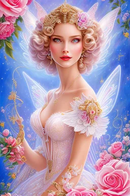 Magnifique woman, lady fairy, facing happy, voluptuous white, pink enchanted flowers, wings magic, long big dress, pink outerspace stars planets, Beautyful smiling, young woman, long hair amazing blue eyes, flowers, happy cosmic, bright colors, blue, pink, gold, jewels, realistic, photo real, clear sunny background, highly detailed, high contrast, 8k high definition, unreal engine 5, extremely sharp detail, light effect, sunny light background