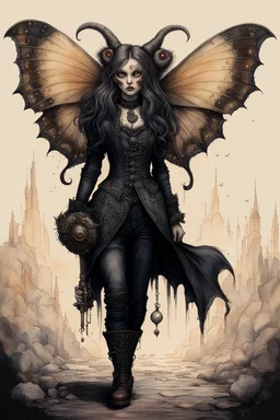 Jean-Baptiste Monge style 19th century hand drawn full body portrait dark gothic fantasy illustration of a walking hybrid Polyphemus moth goth girl, with highly detailed facial features with multi cellular eyes, drawings, 8k, vibrant natural colors,