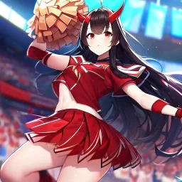 Clear focus,High resolution,High quality, Black long hair, Red eyes, Red horns, Cheerleader