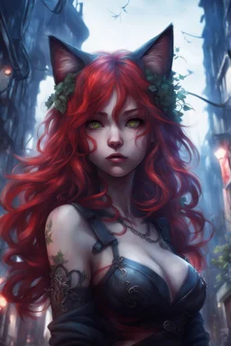 CAT GIRL, FANTASY, VINES, SOULLESS, FLUFFY TAIL, RED HAIR, METAL, CITY