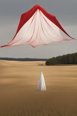 Giant massive huge in stature, majestic entity, hovering and floating over a large field landscape. the entity wears a white and red draped fabric that has printed on the material resembling stars. the fabric has also technological elements. you can see how big it is compared to a tiny human standing in front of it