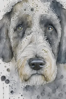 Abstract wet watercolour of the head of a black and white bernadoodle, ink lines, interlinked circles, detailed,focus on eyes, watercolour paper
