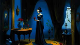 A mesmerizing surrealist painting featuring a woman in an elegant black gown with a flowing cape, standing in a room with strikingly bright blue walls. Her enigmatic, mysterious eyes draw the viewer in, while her expression hints at a hidden secret. The room's small table is adorned with a teapot, a book, a vase with vibrant flowers, and a flickering candle. The painting within the painting on the wall adds an extra layer of depth and complexity to the dreamy, thought-provoking scene.