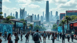 A futuristic scene depicting the bustling heart of a 2080 city center. The foreground features a diverse array of photorealistic individuals engaged with innovative, tech-enhanced elements - holographic displays, autonomous transportation, immersive public art. In the background, a panoramic vista of the larger city skyline - towering organic skyscrapers, elevated transit, verdant green spaces. Convey a sense of scale, depth and awe-inspiring technological wond