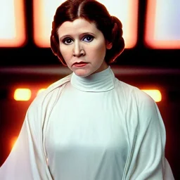 Hyperrealistic, 8k centered photographic portrait of [[Carrie Fisher as Princess Leia in Star Wars]], leica, 35 mm, technicolor, natural colors, telephoto, 24 mm, portrait photo by Annie Leibovitz, film, studio lighting, detailed skin, ultra realistic, bokeh, sharp features