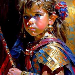 The warrior, by Melanie Delon and Anna Razumovskaya and Andrew Atroshenko Modifiers: oil on canvas beautiful high detail imperial colors child drawing