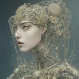 a beautiful japanese ultradetailed fine art photo of a cybernetic futuristic cyborg bride wearing a boho headpiece, by tom bagshaw and simon stalenhag, embroidered lace chapel veil, portrait, 5 0 mm lens, golden ratio composition, detailed face, studio photography, very detailed, humanoids, industrial robotic alloy armor, masterpiece, artstation, 8 k, highly coherent