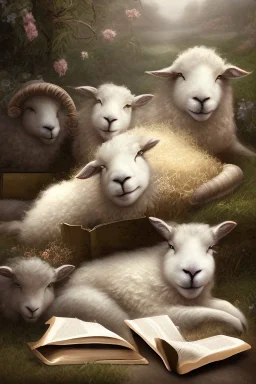 one black sheep reads a book on other site white sheep herd sleep