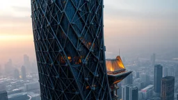 A futuristic, curved skyscraper with a mesh of interconnected metallic latticework and a series of angular, geometric protrusions, evoking the intricate, industrial beauty of Jaroslaw Jasnikowski's architectural illustrations, with a predominantly metallic color scheme, set against a backdrop of a hazy, urban cityscape at dusk.