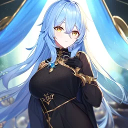 Clear focus, High resolution, Long light blue fluffy hair, hair between eyes, yellow eyes, wearing black fabric shorts, detailed outfit, blue and black outfit, gold accessory
