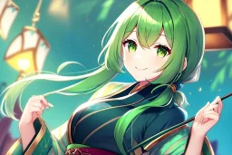 girl, masterpiece, best quality, volumetric lighting, detailed outfit, perfect eyes, long hair, green hair, green eyes, obi, low ponytail, smile,