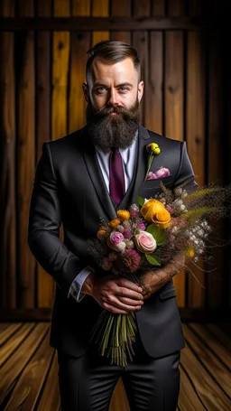 Man with medium beard in full suit holding a bouquet of flowers in a site environment in the background of a wooden wall